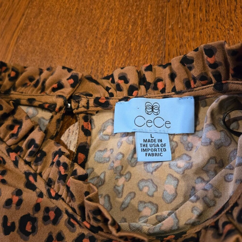 NWT CeCe Leopard Animal Print Blouse Shirt Puff Sleeve Women's Large - Picture 3 of 7